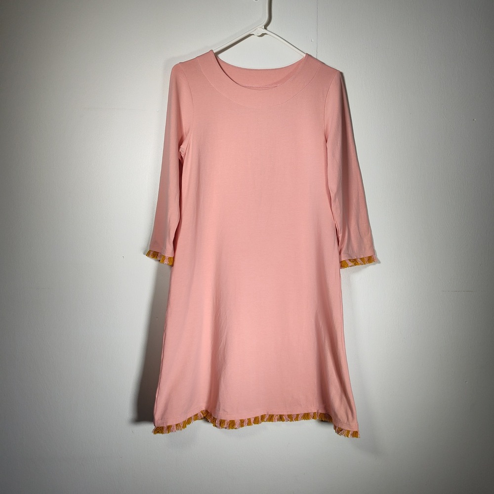 Spartina Island Trim Pink Jersey Knit A-Line Shift Dress with Fringe Size Small
